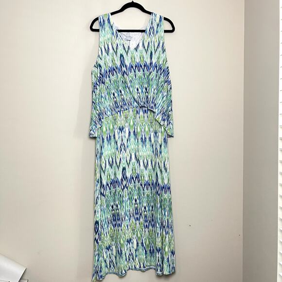 Chico's 8 Ikat Popover Regatta Slit Blue Green Travel Cruise Maxi Dress Sz 3(XL) - Picture 4 of 9